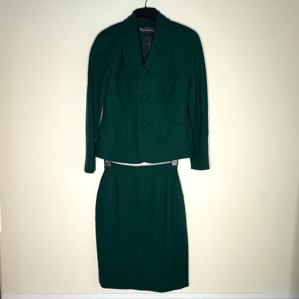 BICCI Petite Vintage Emerald Green 100% Wool Blazer and Skirt Suit Set Size 2P